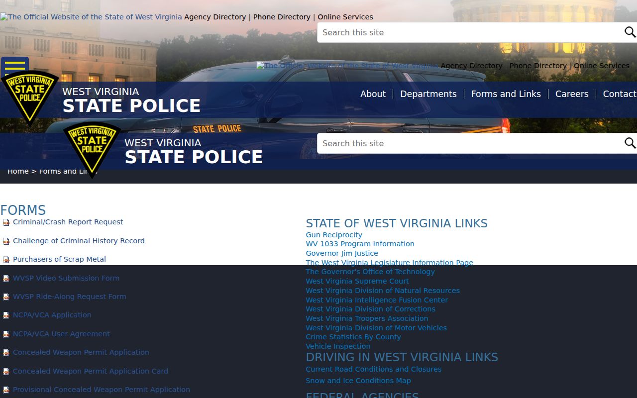 West Virginia State Police forms for a Mingo County arrest report request