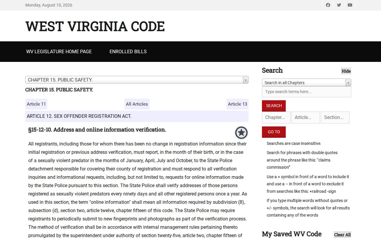 Mingo County sex offender registry verification law in West Virginia