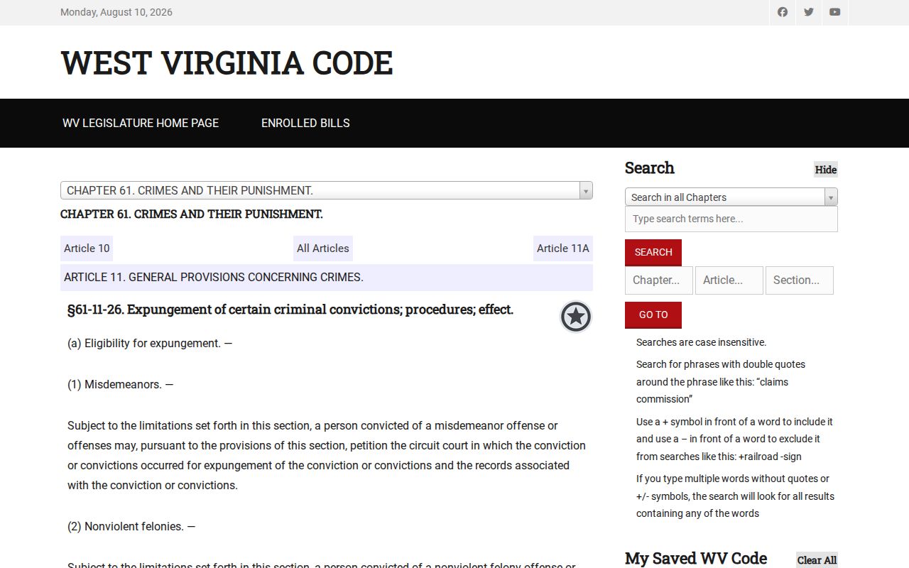 West Virginia expungement law for Mingo County criminal records